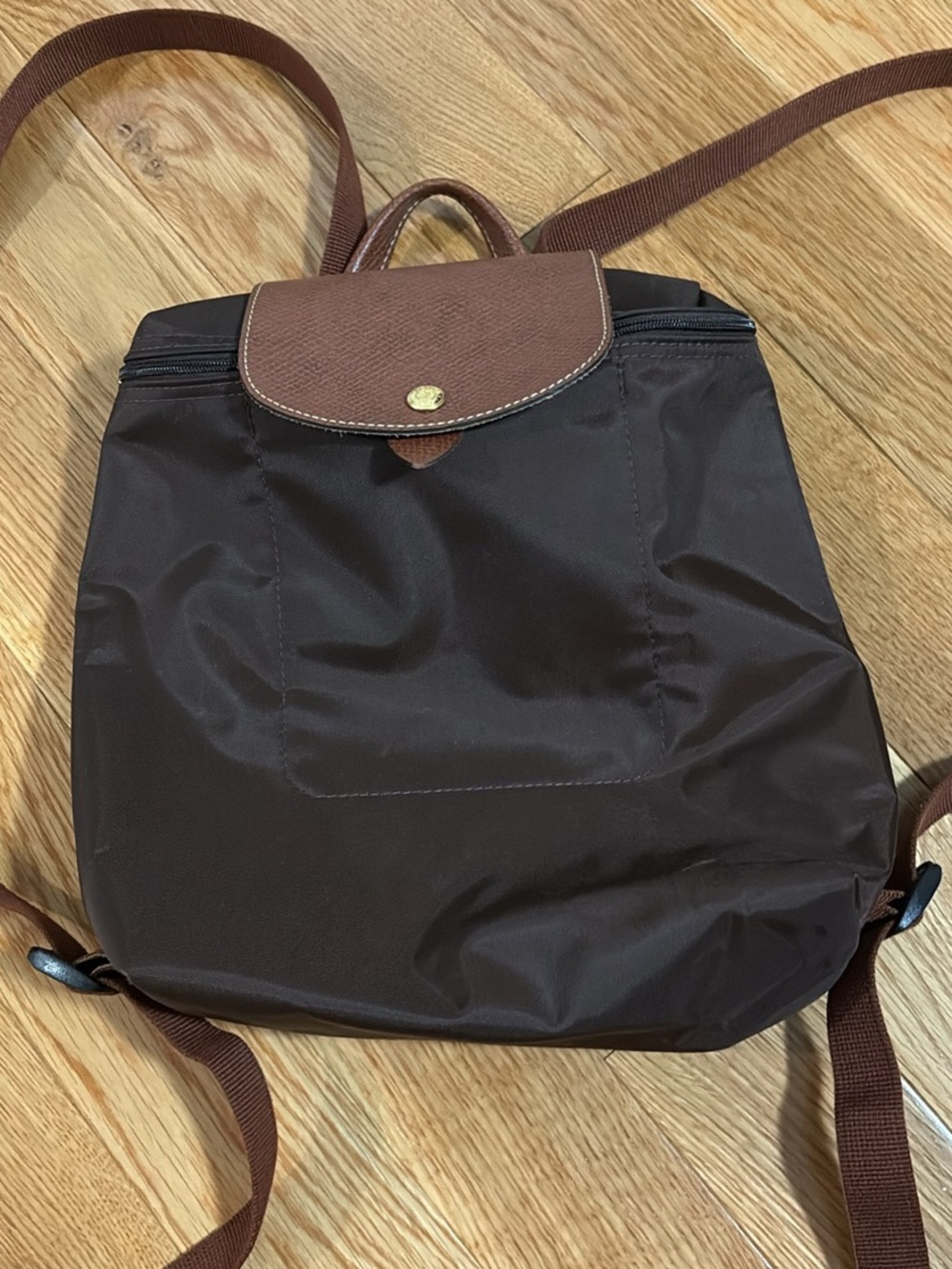 Longchamp le pliage Brown on brown Nylon Backpack with Chestnut Leather Flap
